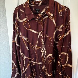 Talbots Brown Equestrian 100% Silk Button Down